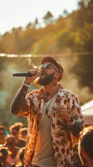 Fototapeta premium A man with a microphone singing in front of a crowd