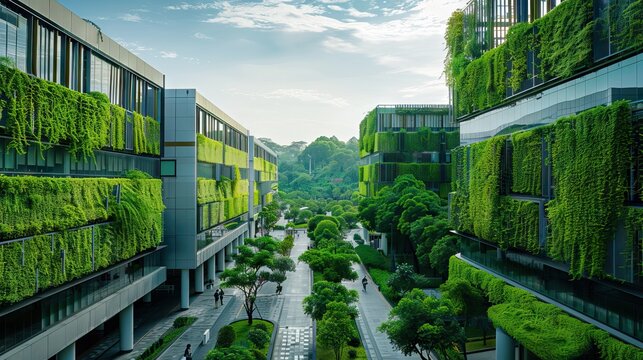 green, beautiful, downtown, asia, architecture, travel, landmark, modern, city, tourism, building, cityscape, street, view, landscape, business, rive. AI generated illustration