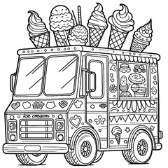Ice cream truck with colorful designs coloring page outline vector