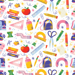 Seamless pattern with school supplies and education. Back to school kids education concept. Backpack, book, paints, ruler, pencil, brushes. Vector illustration isolated on background