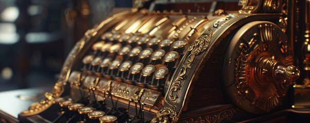 Antique cash register with brass details, 4K hyperrealistic photo