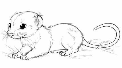 Cute and detailed black and white sketch of a baby weasel, emphasizing its playful expression and small features.