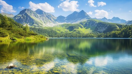 Fototapeta premium A picturesque view of a mountain lake with crystal clear water, showcasing natural beauty.