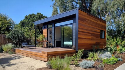 Modern Tiny House with Wooden Siding and a Deck