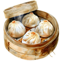 Xiao Long Bao : Steamed buns filled with meat and hot soup inside, full body, isolate on white background, watercolor illustration.