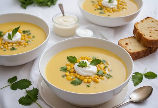 Delicious creamy corn soup served on table