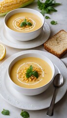 Delicious creamy corn soup served on table