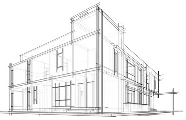 Architectural sketch of modern house building 3d rendering