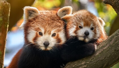Obraz premium Two cuddly red pandas nestled together in a tree.