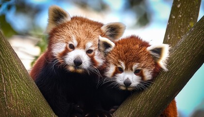Two cuddly red pandas nestled together in a tree.