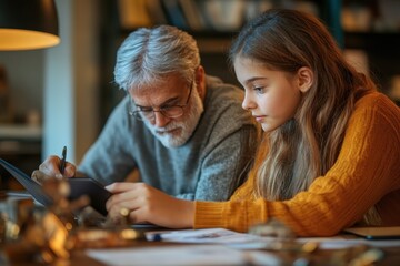 Fototapeta premium Intergenerational Collaboration in Goal Setting: Young Person Planning Investment Goals with Senior Financial Mentor
