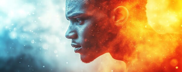 A dynamic portrait showcasing a man with powerful expression, surrounded by vibrant colors and a dramatic, energetic atmosphere.