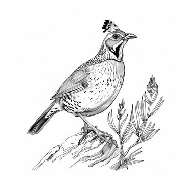 recommend clip art: Detailed black and white illustration of a quail, showcasing intricate feather patterns and a natural pose.