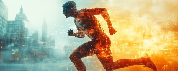 A dynamic silhouette of a runner sprints through a vibrant cityscape, merging technology and human movement in stunning motion.