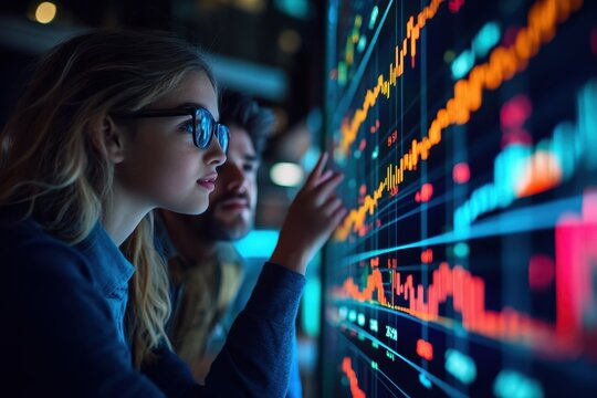 Mentor guiding young person in stock market exploration