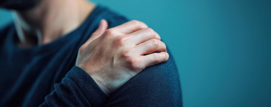 Close-up of hand gripping shoulder in agony, pain, acute discomfort