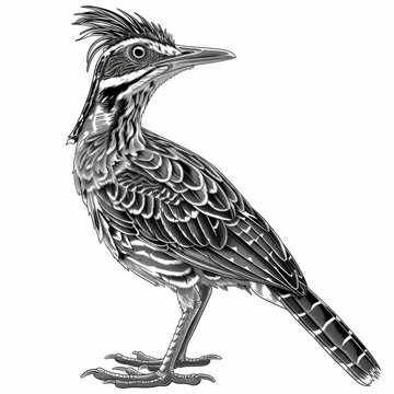 recommend clip art: Intricate sketch of a roadrunner bird, highlighting its distinctive features and detailed plumage in black and white.