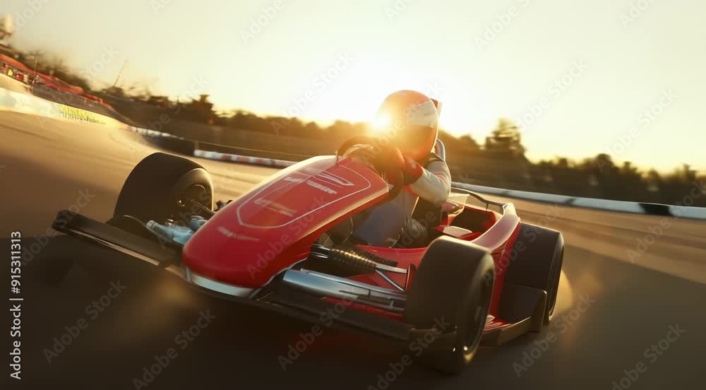 Poster a racing car driver wearing a red and white helmet is maneuvering a go-kart around a track, illumina