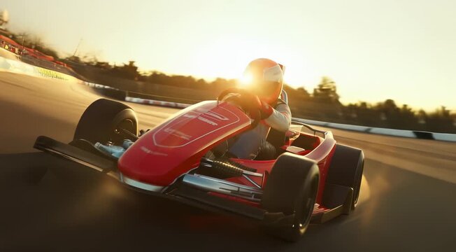 A racing car driver wearing a red and white helmet is maneuvering a go-kart around a track, illuminated by golden sunlight. The vehicle shows dynamic motion with intense speed.