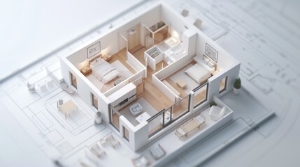 Fototapeta premium A 3D model of a house sits atop a detailed blueprint, useful for architectural and design projects