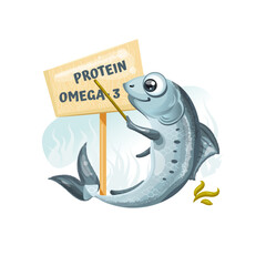 Cartoon Sardine Promoting Protein and Omega 3. Vector Illustration.