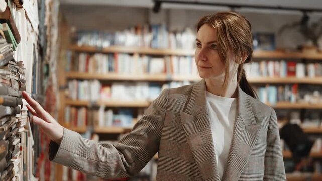 A woman's gentle touch selects a book in a bookstore
