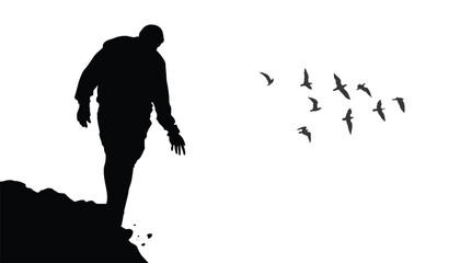 man take adventure in jungle stand on cliff look down danger.