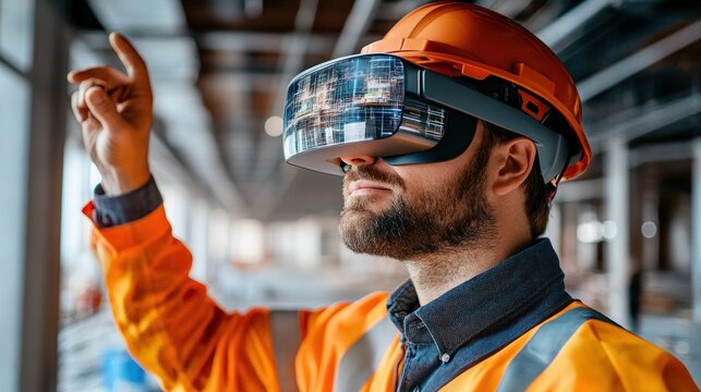 Construction worker using VR technology for project visualization