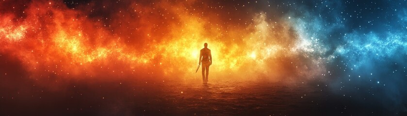 Obraz premium A lone figure stands amidst a vibrant cosmic background of fiery orange and cool blue hues, evoking mystery and exploration.