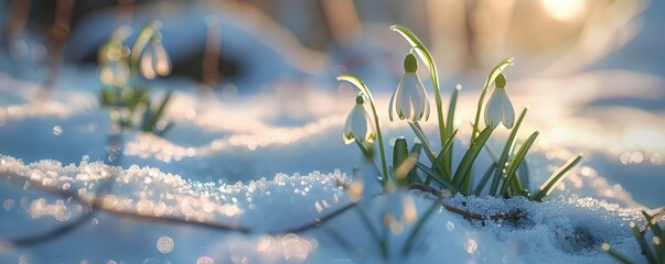 Delicate snowdrops peeking through the snow, 4K hyperrealistic photo