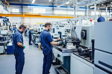 Workers operating machinery in a busy manufacturing plant during the day