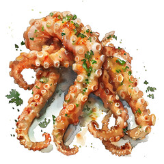 Salt and Pepper Squid : Squid coated in batter and deep-fried, seasoned with salt and pepper, with a salty and spicy flavor, full body, isolate on white background, watercolor.