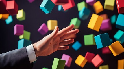 Hand Reaching Up Towards Falling Colorful Cubes