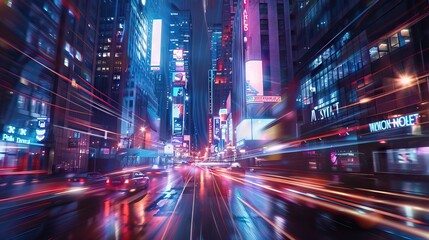 Bustling City Street at Night with Neon Lights. AI generated illustration.