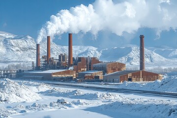 Winter industrial landscape with smokestacks and snow-covered ground in a mountainous region