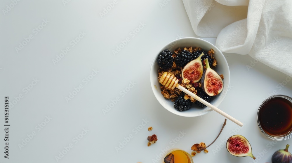 Sticker A minimalist flat-lay composition of a breakfast bowl with figs, blackberries, honey, and granola on a white background, creating a fresh and healthy vibe.