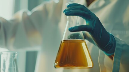 A scientist's gloved hand carefully holding a conical flask filled with an amber liquid, set in a well-lit laboratory environment.