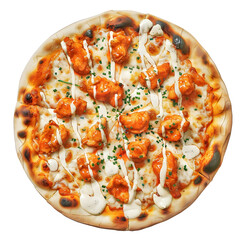 Pizza Buffalo Chicken : A round flatbread topped, Pizza topped with buffalo chicken, cheese, and blue cheese sauce, Studio lighting, full body, isolate on white background, watercolor illustration.