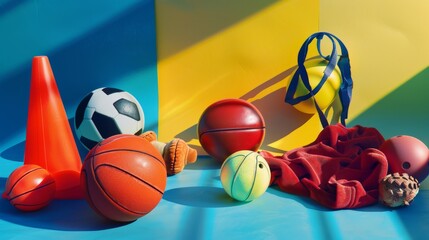 A collection of various sports gear and balls arranged against a vividly colored background, showcasing a vibrant scene.