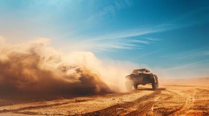 Fototapeta premium A dynamic off-road vehicle plowing through a sandy landscape, leaving swirling dust trails under a vast blue sky, highlighting adventure and speed.