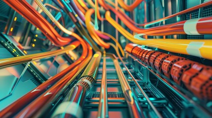A complex network of vibrant cables and wires, intertwined in a tech environment, evoking the intricacy of modern technology systems.