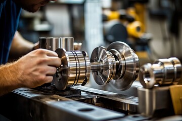 A technician assembles metal components in a workshop during the daytime, focusing on precision machinery and tools