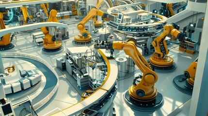 High-tech robotic arms in an advanced factory working on various tasks, illustrating modern industrial automation.