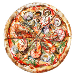 Pizza Seafood, A round flatbread topped, Pizza topped with seafood like shrimp, squid, and clams, Studio lighting, full body, isolate on white background, watercolor illustration.