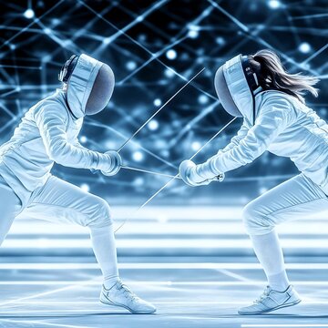 Futuristic depiction of two female fencers in a digital arena, highlighting the blend of technology and sport in a dynamic setting.
