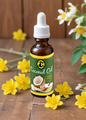 mockup of a amber dropper brown glass bottle label with natural herbal background