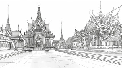 Intricate black and white sketch depicting traditional Thai temples, showcasing ornate architectural details and symmetrical design.
