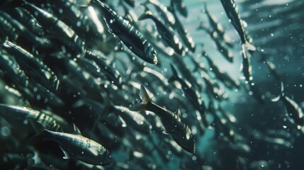 A stunning underwater scene featuring a dense school of fish swimming together in synchrony, capturing the essence of marine life.