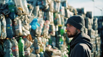 A man wearing a gray beanie stands pensively beside large, bundled stacks of plastic bottles at a recycling facility, highlighting the pressing issue of waste management.