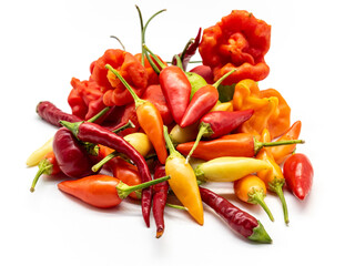 heap of colorful assorted chili peppers on a white background
